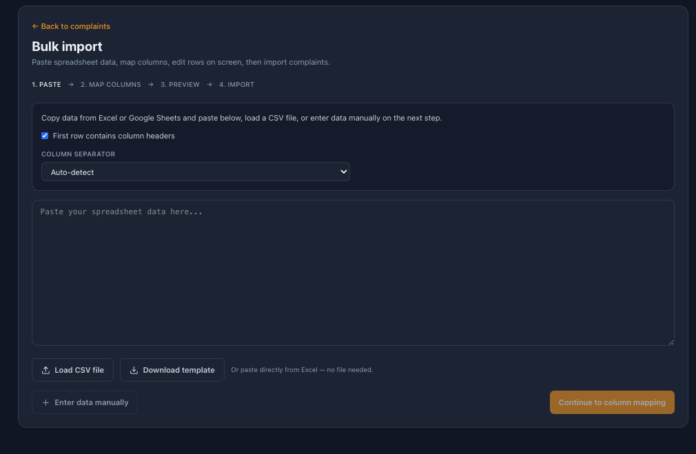 Bulk import from spreadsheets or CSV